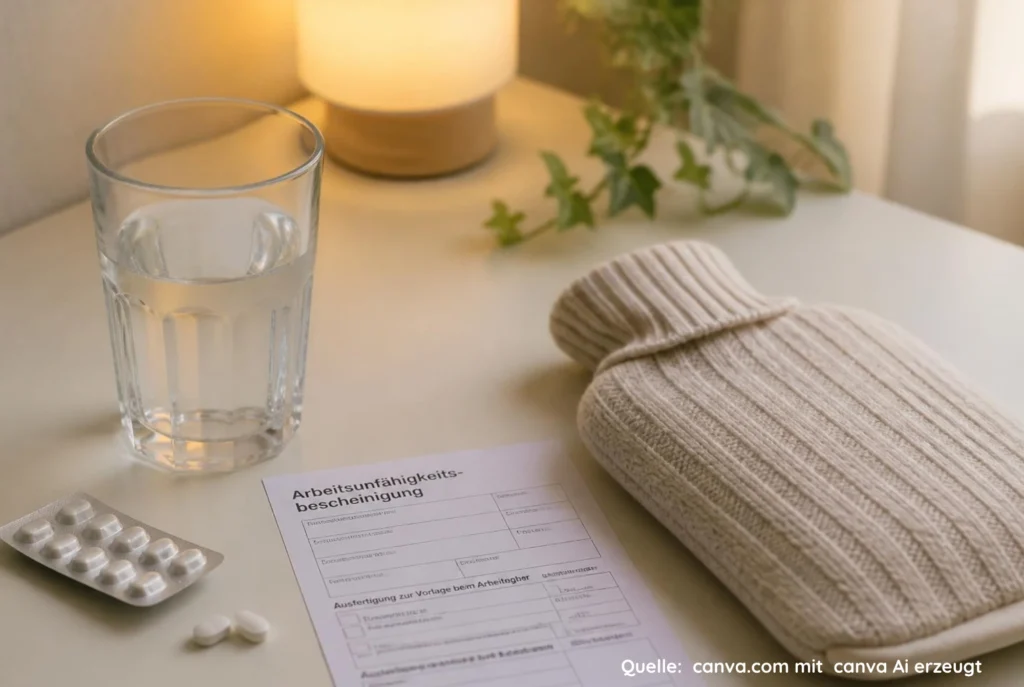 Endometriose- eine Blackbox? Wie man eine Endometriose durchlebt: eine ruhige, häusliche Schreibtischszene mit einem Glas Wasser, Tabletten bzw. einer Tablettenpackung,einer sichtbaren, anonymisierten Krankschreibung, und einer Wärmflasche. Schreibtisch-Ausschnitt mit warmer, gedämpfter Beleuchtung und einer Atmosphäre von Ruhe und Erholung. Die Formulare enthalten keine lesbaren persönlichen Daten oder Marken.